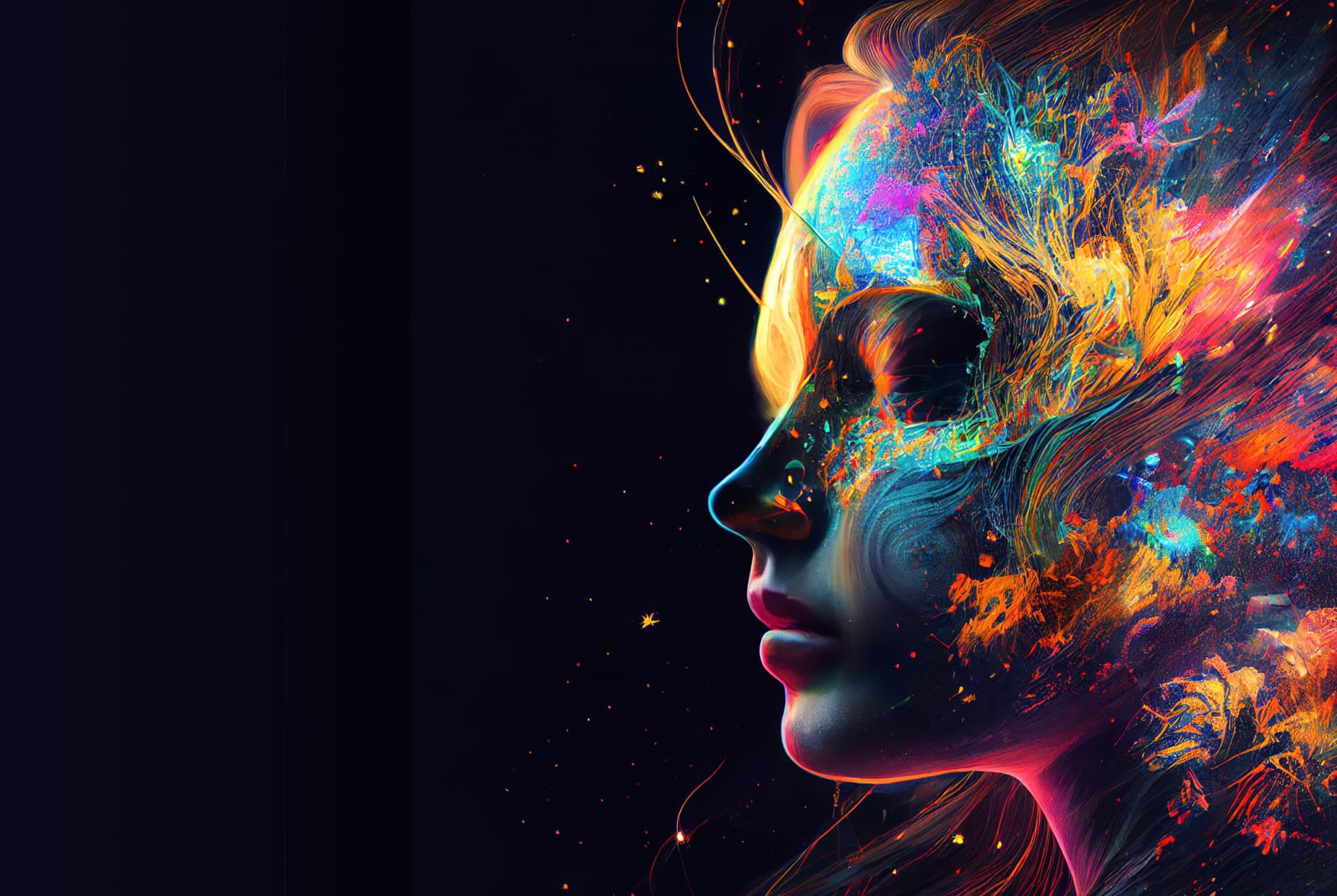 Imagen generada por IA de la cabeza de una mujer que contiene arte abstracto colorido.