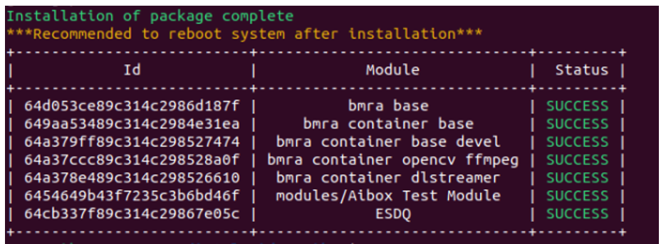 A screenshot showing the installation complete message and status of modules