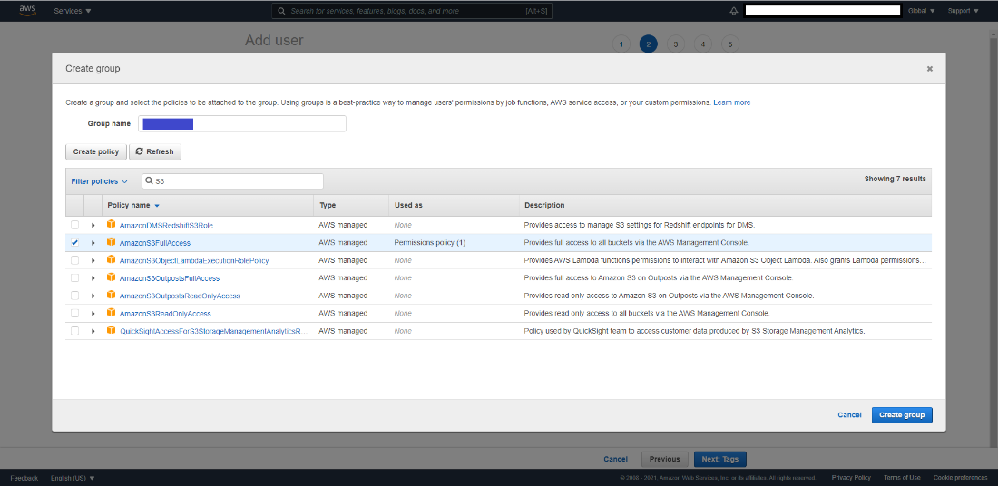The AWS management console showing the IAM dashboard with the Create Group tab in the main view. The Group name field is highlighted, indicating you should enter a group name.